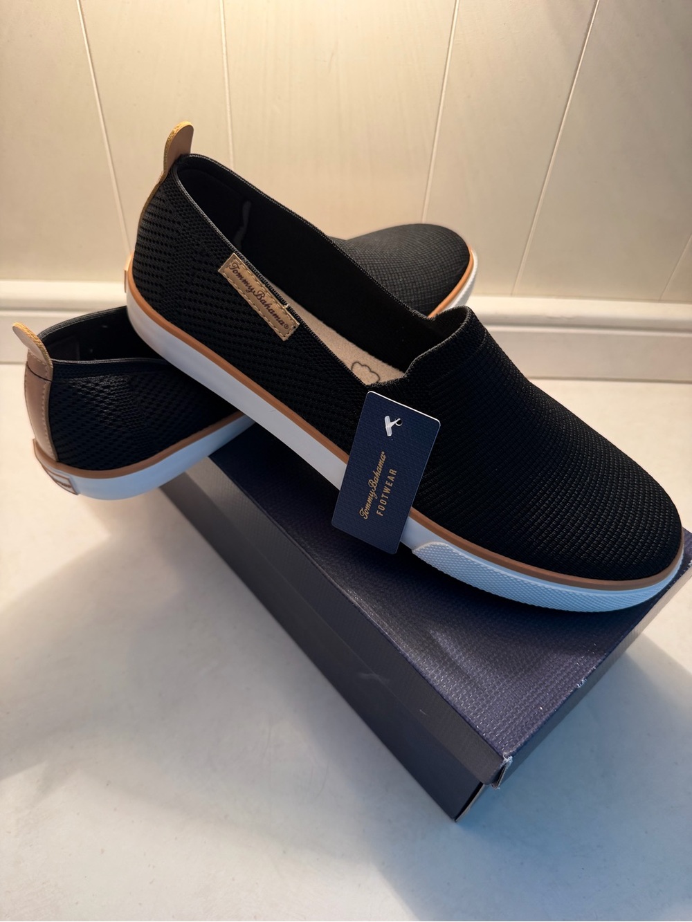 Tommy Bahama Black Knit Slip-On Sneakers with Tan Trim